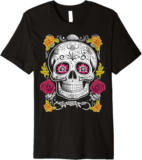 Premium Sugar Skull Men T-Shirt for Mexican Day of the Dead Celebration