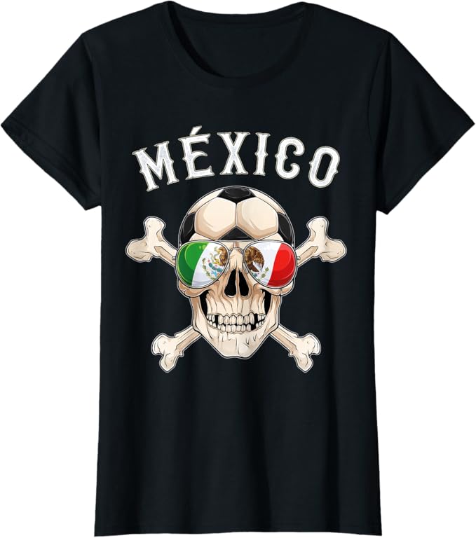 Mexico Pirate Soccer Fan Women T-Shirt – Skull with Mexican Flag Apparel