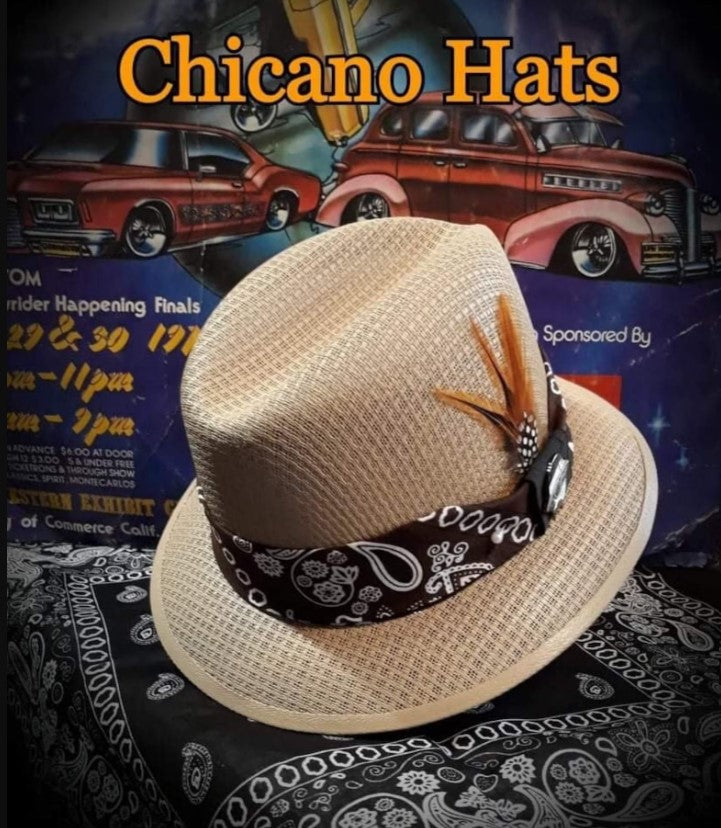 Classic Traditional Garcia Khaki Fedora Hat with Bandana Band - Lowrider Style