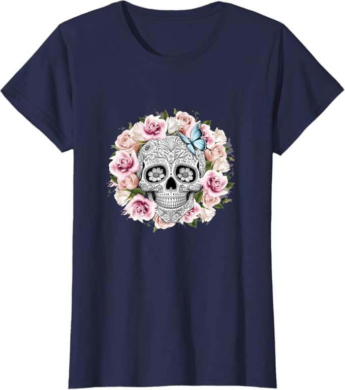 Floral Sugar Skull Women T-Shirt – Day of the Dead Mexico Dia De Los Muertos Apparel