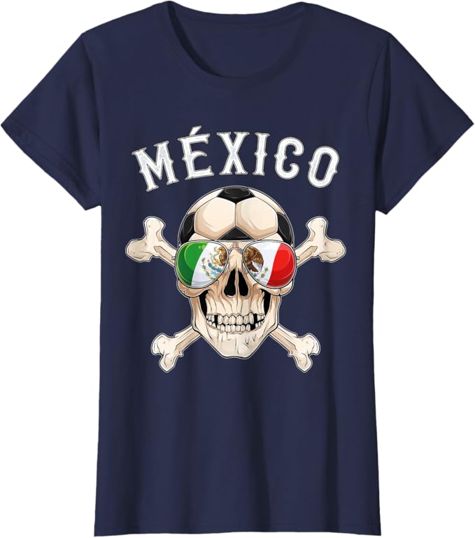 Mexico Pirate Soccer Fan Women T-Shirt – Skull with Mexican Flag Apparel