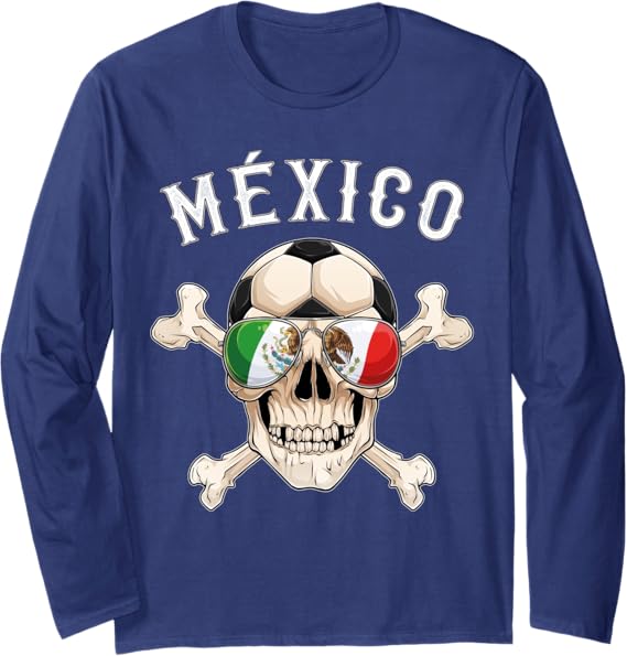 Mexico Pirate Soccer Fan Skull Long Sleeve T-Shirt with Mexican Flag