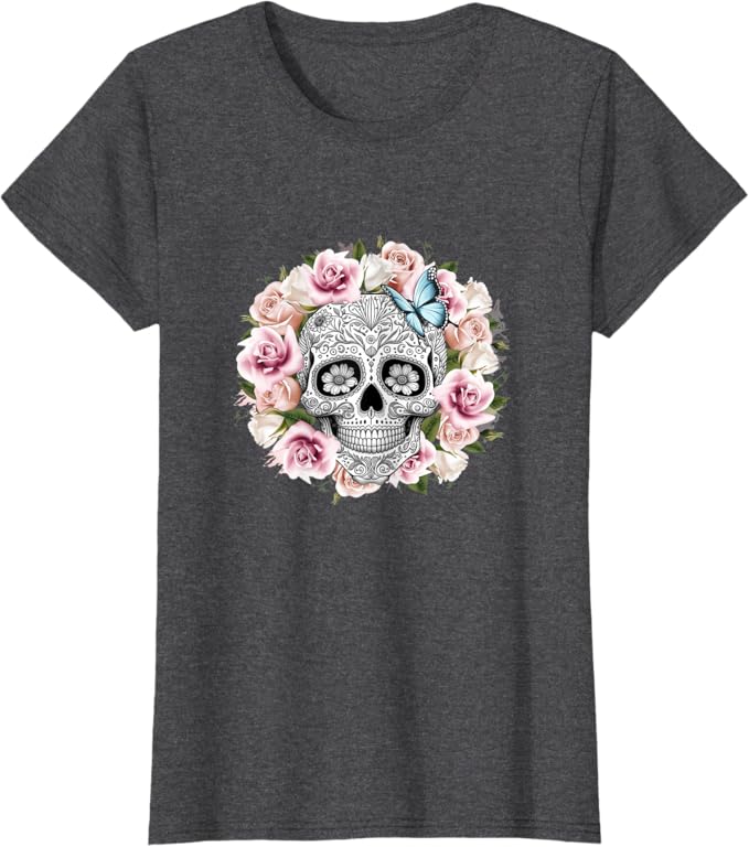 Floral Sugar Skull Women T-Shirt – Day of the Dead Mexico Dia De Los Muertos Apparel