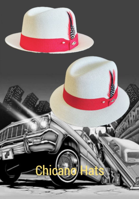 Goldline White and Red Band Fedora - Versatile Lowrider Flip-Up or Flip-Down Hat
