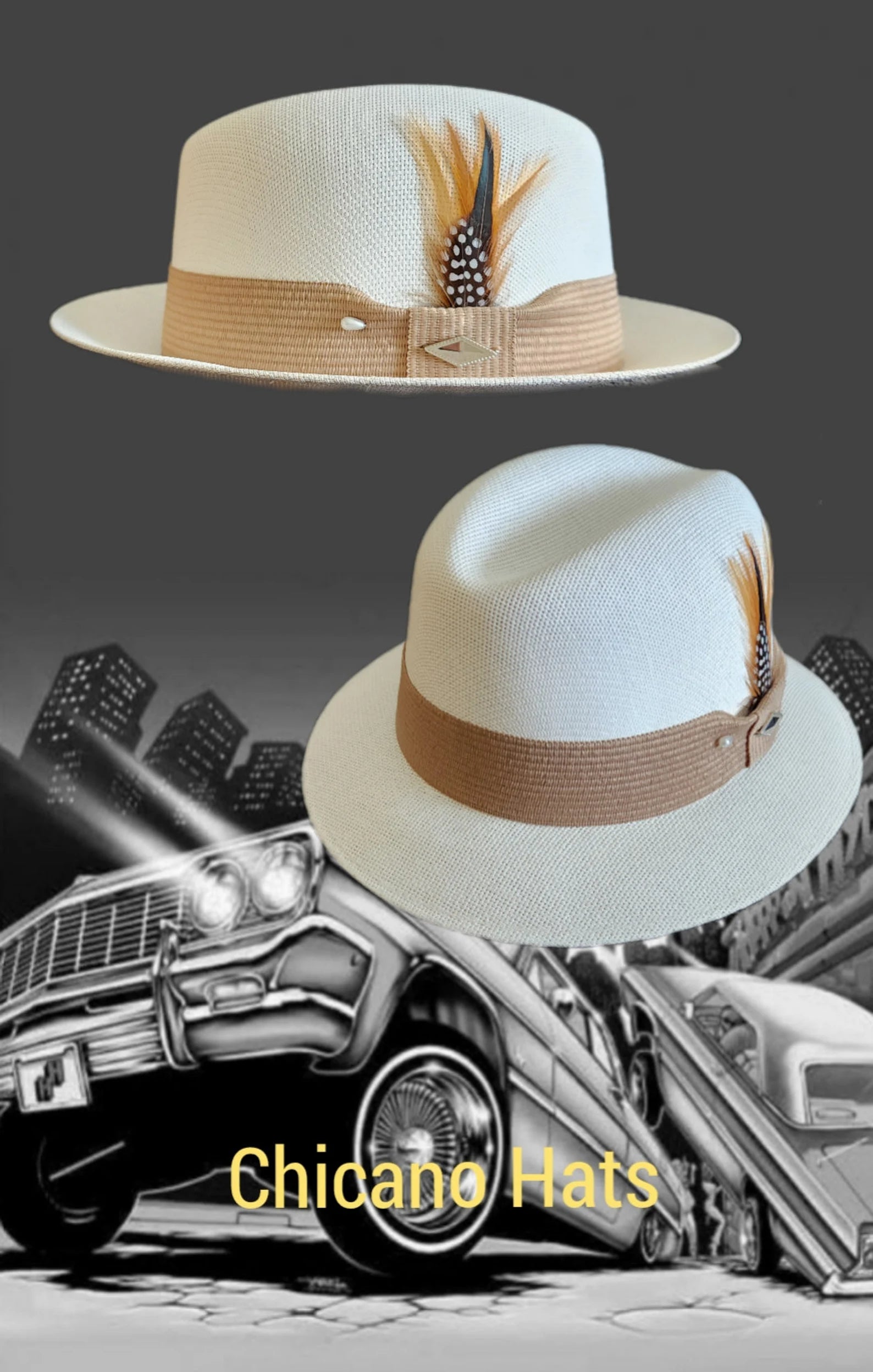 Goldline White Khaki Band Fedora Hat - Lowrider Style, Flip-Up or Down Brim