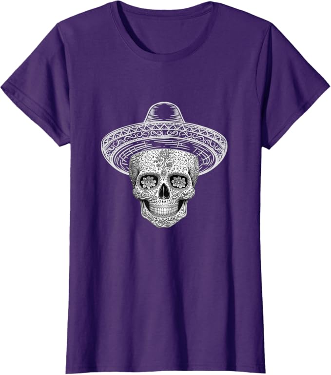 Mexican Sugar Skull Women T-Shirt – Day of the Dead Sombrero Calaveras Design