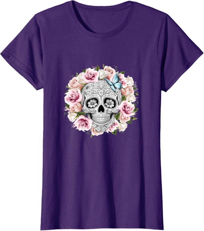 Floral Sugar Skull Women T-Shirt – Day of the Dead Mexico Dia De Los Muertos Apparel