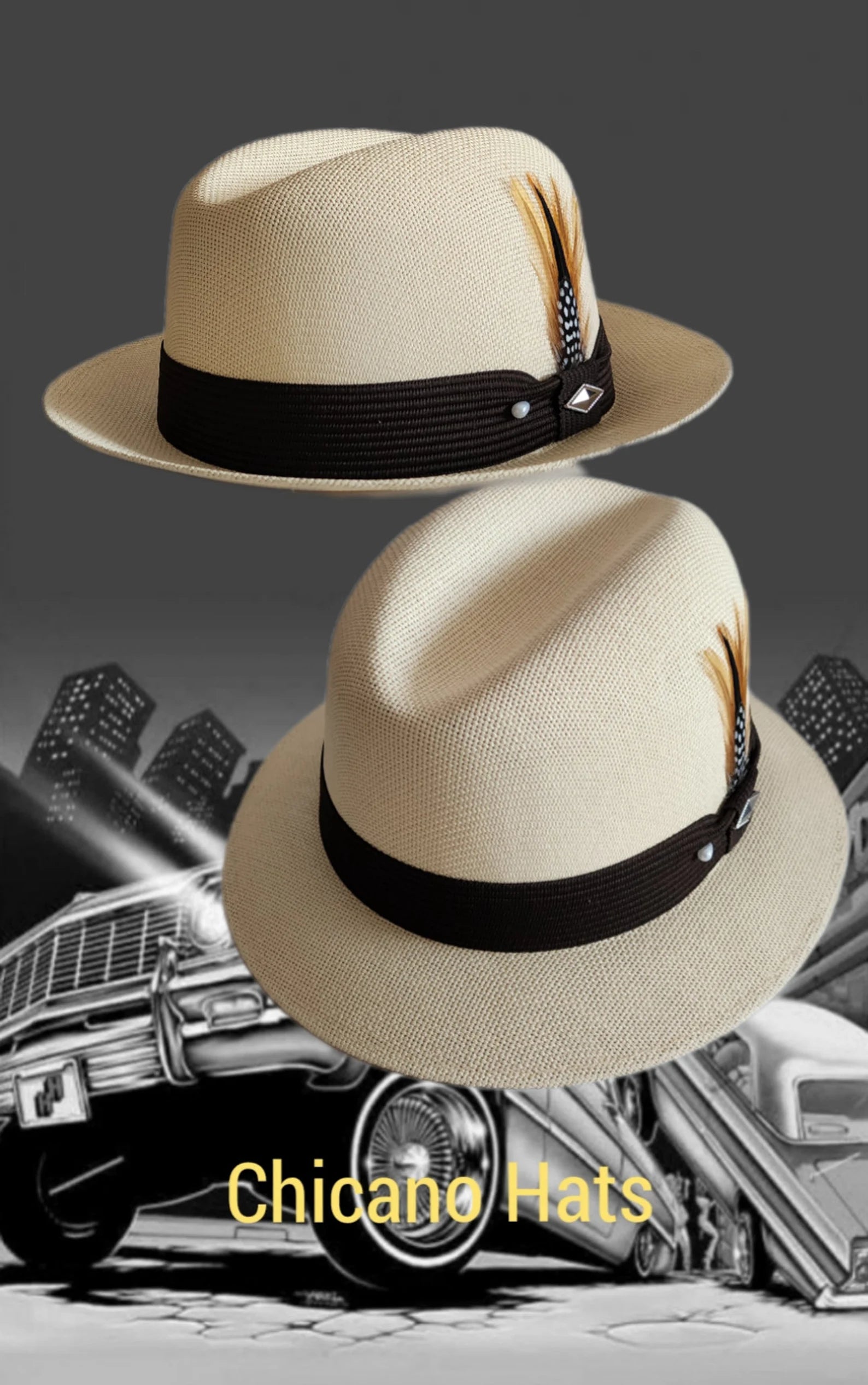 Goldline Ivory and Black Band Fedora Hat - Lowrider Flip Up or Down