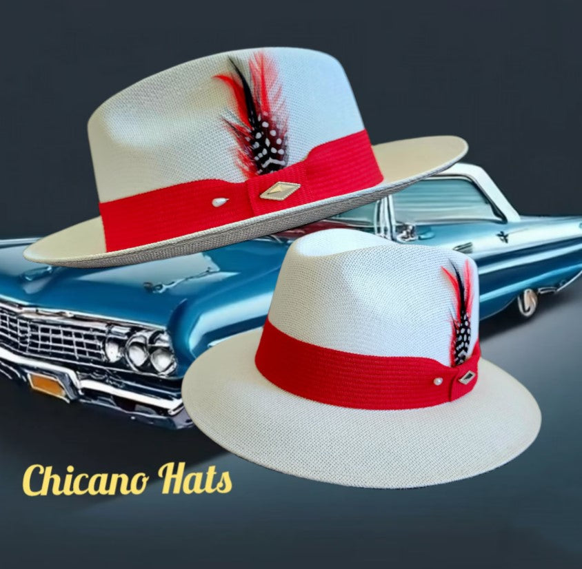 Goldline White Viejo Fedora Hat with Red Band - Flip Down or Up Style