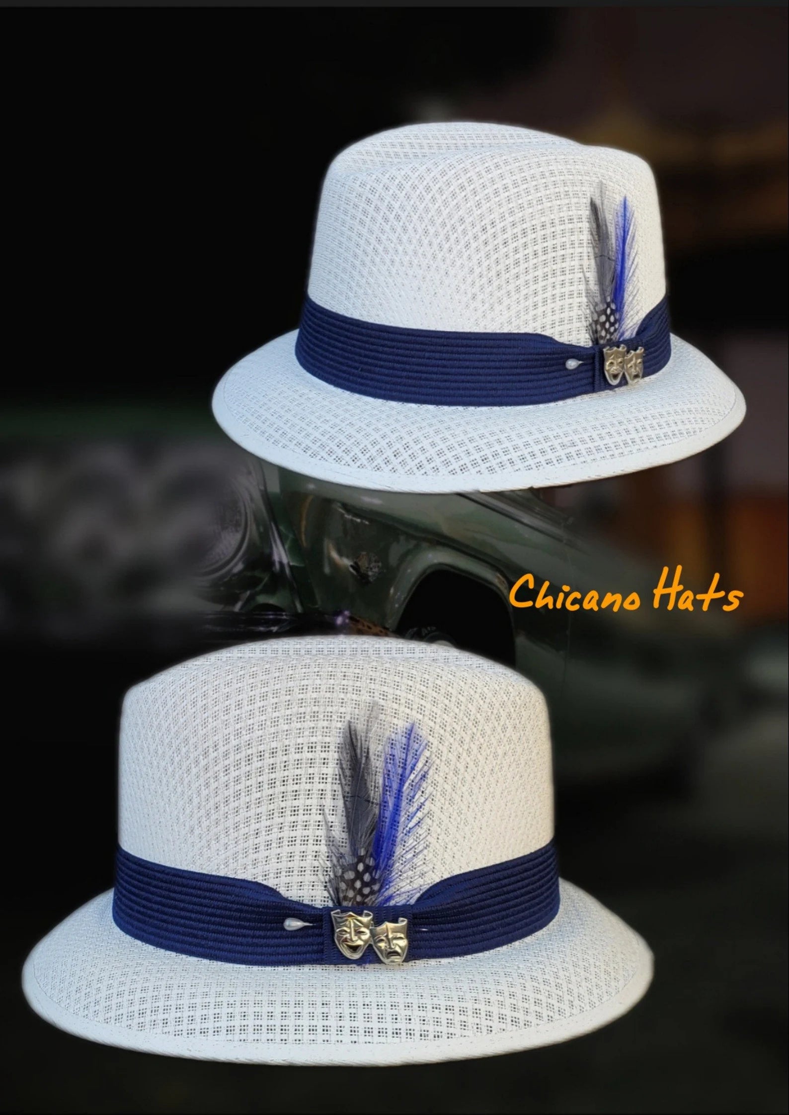 Classic Traditional White Garcia Hat Derby Fedora Lowrider with Navy Blue Band & Lapel Pin