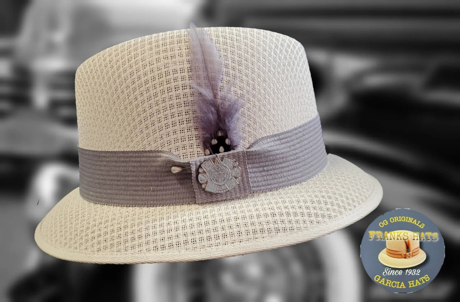Classic Traditional Light Gray Garcia Hat Derby Fedora with Dark Gray Band and Lapel Pin - Lowrider Style