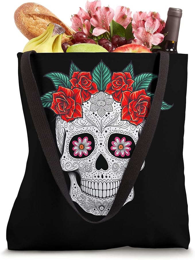 Day of the Dead Skull with Flowers Tote Bag - Mexican Holiday Celebration