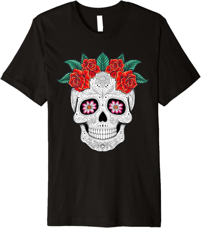 Day of the Dead Skull with Flowers - Mexican Holiday Premium Men T-Shirt
