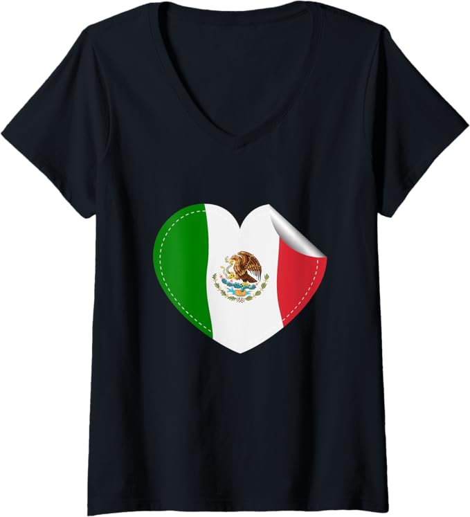Women's Bandera De México Heart-Shaped Mexican Flag V-Neck Women T-Shirt
