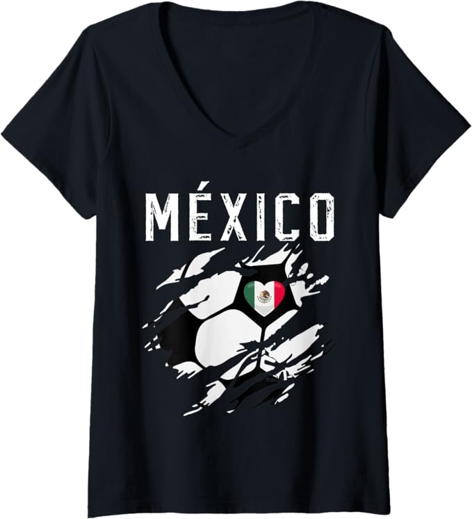 Women's Mexico Retro Vintage Soccer Women T-Shirt - Mexican Flag Heart V-Neck Fan Shirt