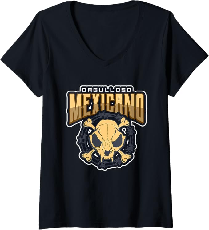 Womens Orgulloso Mexicano Skull Mexican Chicano V-Neck T-Shirt