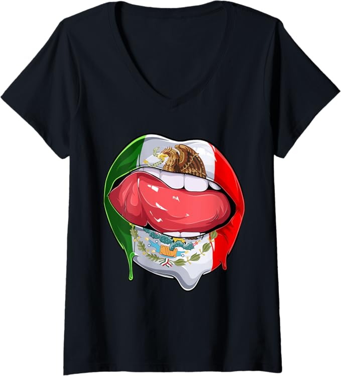 Women's Mexico Flag Lips V-Neck Women T-Shirt - Mexican Bandera Como Labios Design
