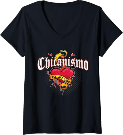 Women's Chicanismo Retro Mexican Chicano Heart V-Neck T-Shirt - All Life Long