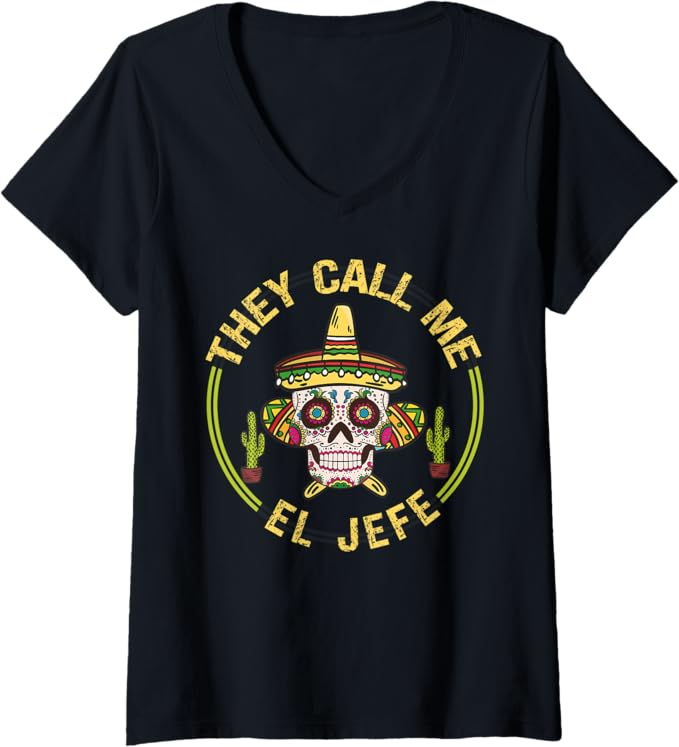 Womens Mexican Party Sombrero Skull V-Neck T-Shirt - Cinco De Mayo Style