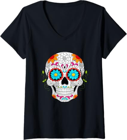 Women's Colorful Calaveras de Azúcar Dia de los Muertos V-Neck T-Shirt - Mexican Sugar Skull Design