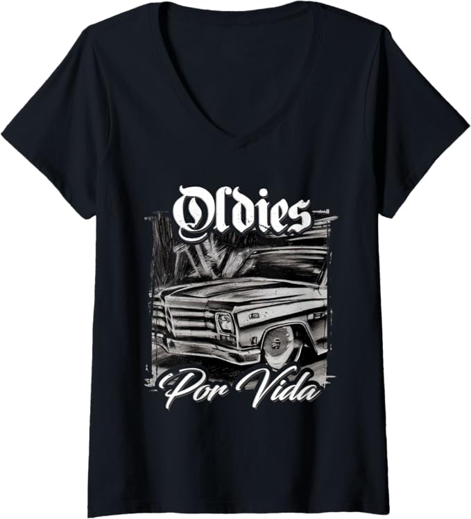 Women's Oldies Por Vida Vintage Car Lowrider Mexican Chicano V-Neck Women T-Shirt