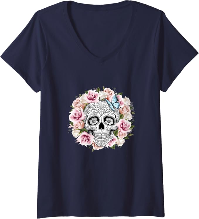 Women's Floral Sugar Skull V-Neck T-Shirt - Day of the Dead Mexico Dia de los Muertos Shirt