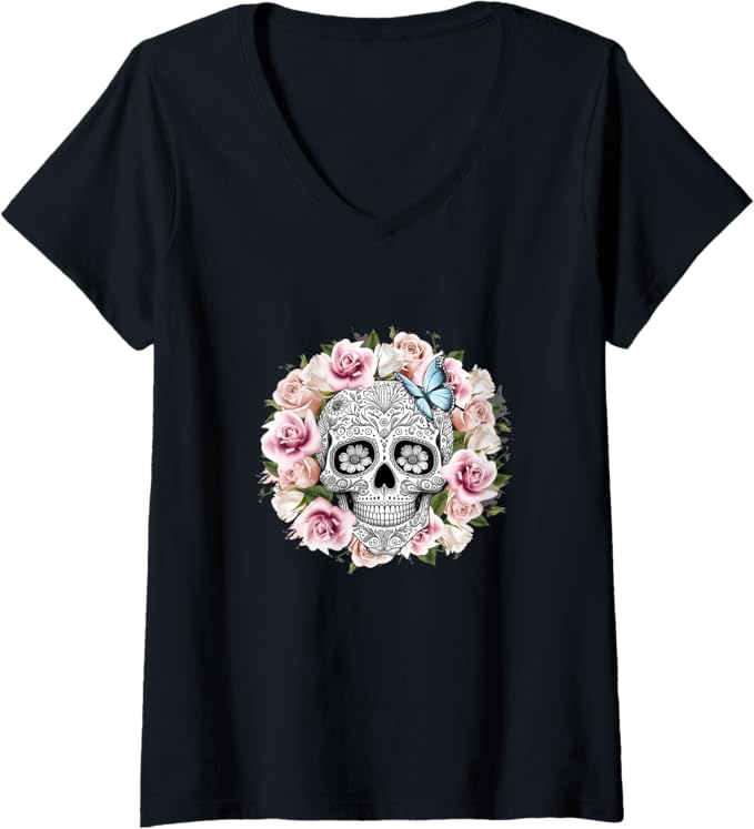 Women's Floral Sugar Skull V-Neck T-Shirt - Day of the Dead Mexico Dia de los Muertos Shirt