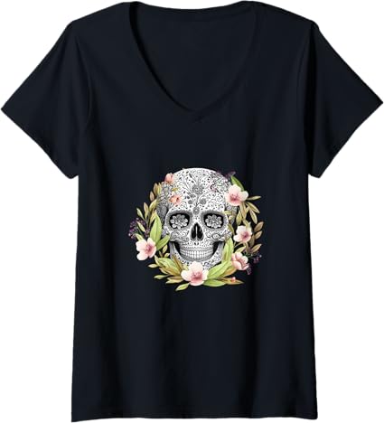 Women’s Calaveras Mexican Día De Los Muertos V-Neck T-Shirt