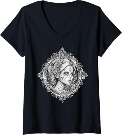 Women's Mexican Dia De Los Muertos Calaveras Catrina V-Neck T-Shirt - Stylish Day of the Dead Shirt