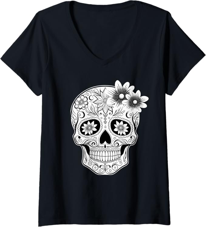 Women's Dia De Los Muertos Mexican Skull Calaveras V-Neck Women T-Shirt