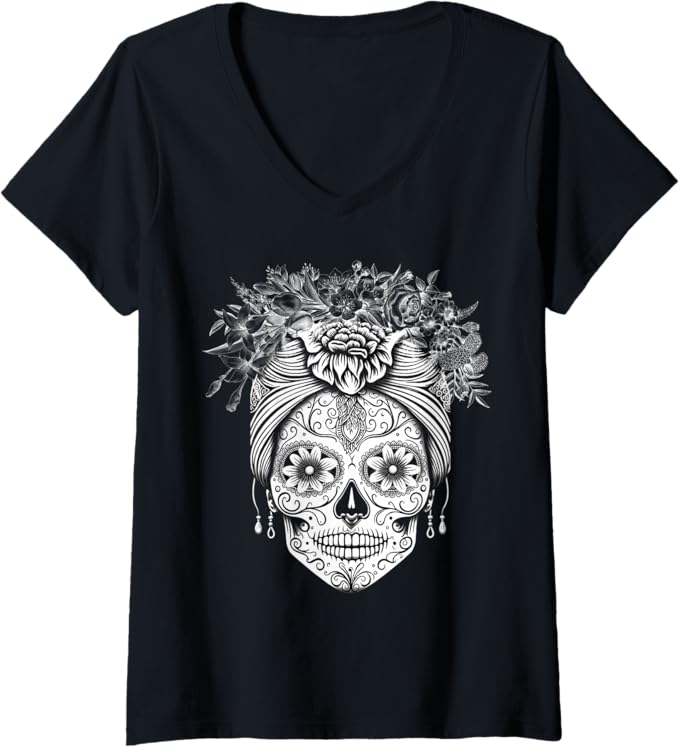Women's Mexican Dia De Los Muertos Calaveras De Azucar V-Neck Women T-Shirt - Sugar Skull Shirt for Day of the Dead Celebration