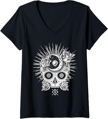 Women's Mexican Sugar Skull V-Neck T-Shirt | Día De Los Muertos Occult Design