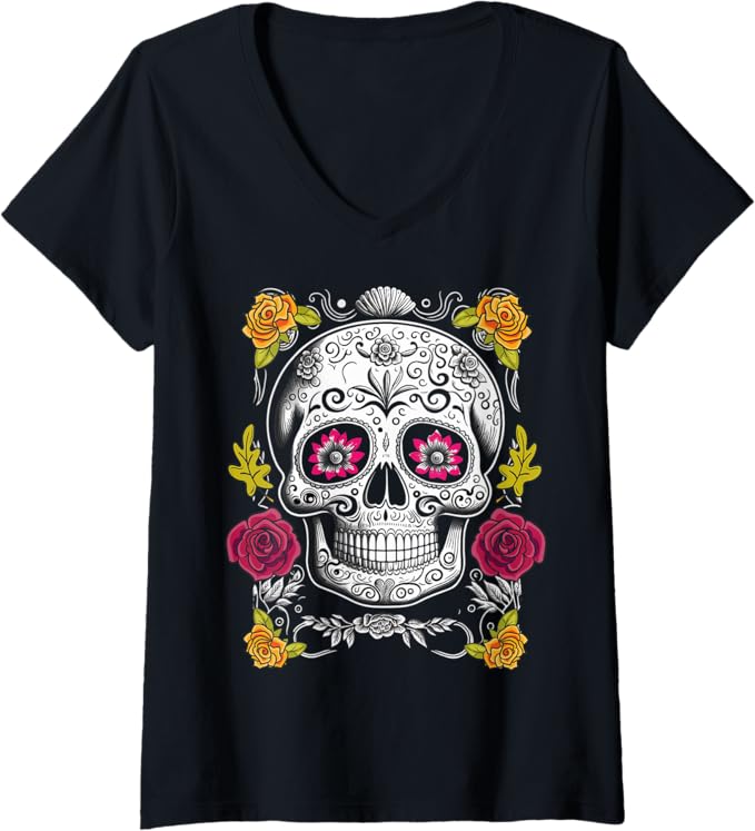 Womens Sugar Skull Mexican Día De Los Muertos V-Neck T-Shirt