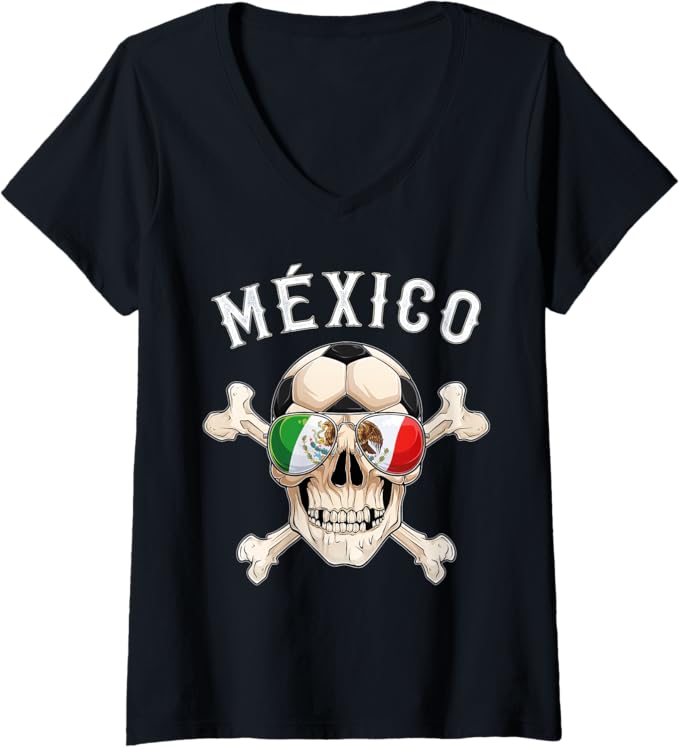 Women's Mexico Pirate Soccer Fan Skull V-Neck Women T-Shirt with Mexican Flag