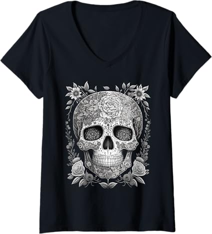 Women's Mexican Skull T-Shirt - Camisas de Calaveras V-Neck Tee