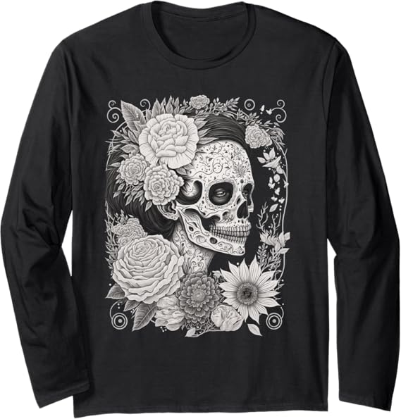 Dia De Los Muertos Catrina Sugar Skull Calaveras Mexico Long Sleeve T-Shirt