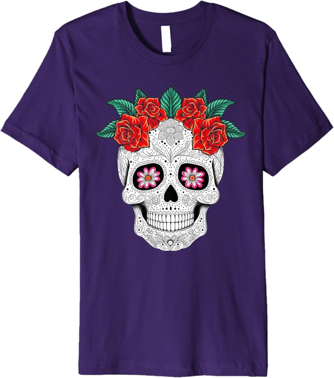 Day of the Dead Skull with Flowers - Mexican Holiday Premium Men T-Shirt