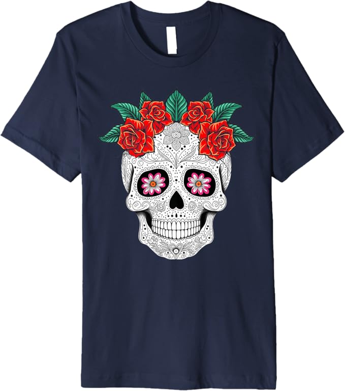 Day of the Dead Skull with Flowers - Mexican Holiday Premium Men T-Shirt