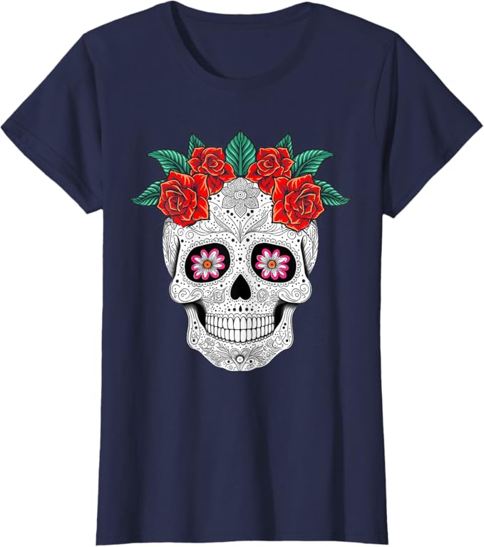 Day of the Dead Skull with Flowers - Mexican Holiday Women T-Shirt