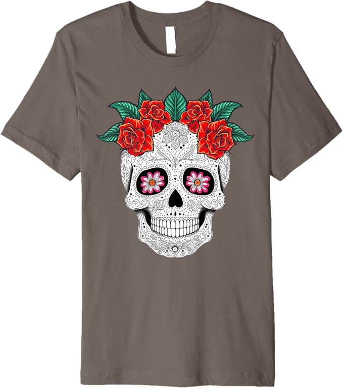 Day of the Dead Skull with Flowers - Mexican Holiday Premium Men T-Shirt