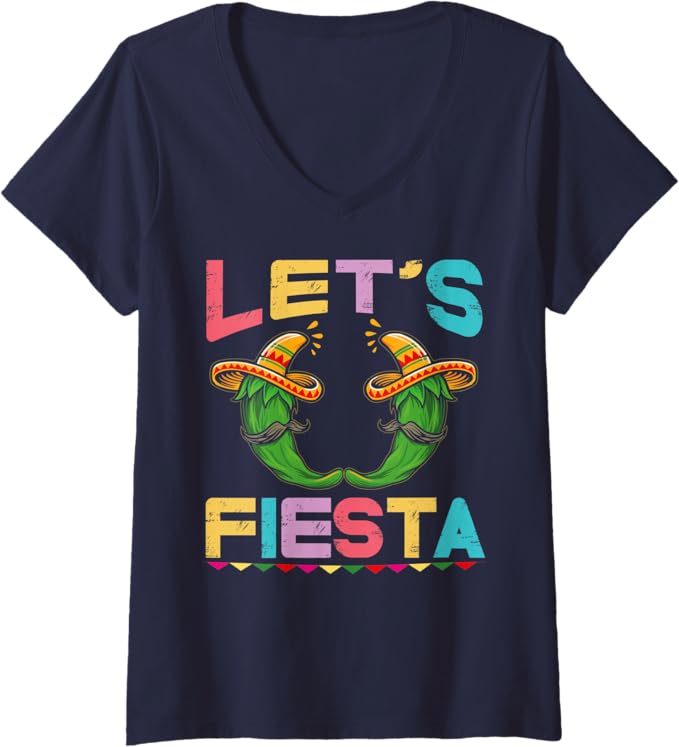 Womens Mexican Cinco De Mayo Party V-Neck T-Shirt - Let's Fiesta Design