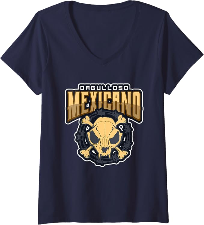 Womens Orgulloso Mexicano Skull Mexican Chicano V-Neck T-Shirt
