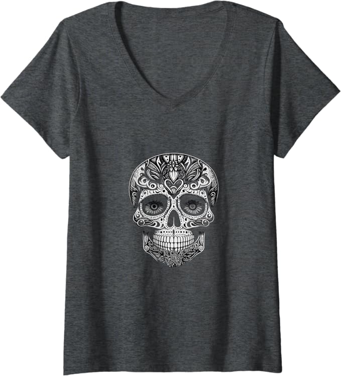 Women's Día de los Muertos Skull Calaveras V-Neck Women T-Shirt - Mexican Day of the Dead Shirt