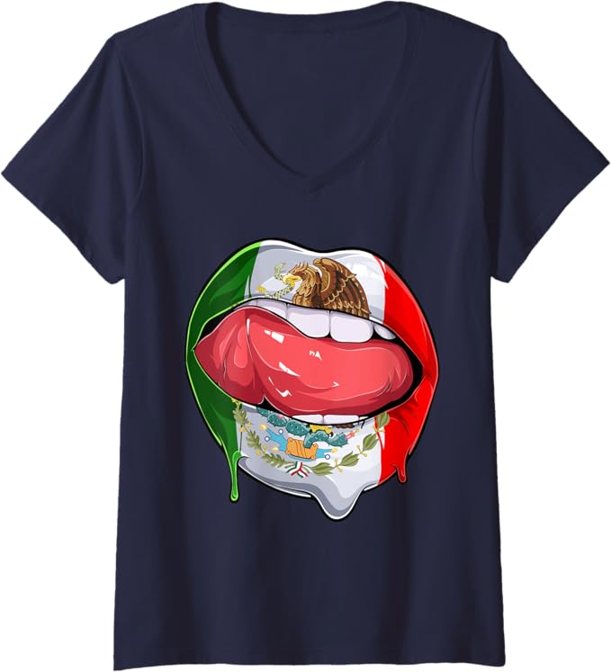 Women's Mexico Flag Lips V-Neck Women T-Shirt - Mexican Bandera Como Labios Design