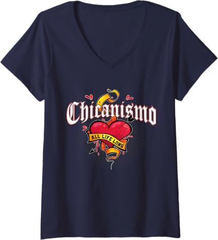 Women's Chicanismo Retro Mexican Chicano Heart V-Neck T-Shirt - All Life Long