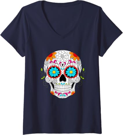 Women's Colorful Calaveras de Azúcar Dia de los Muertos V-Neck T-Shirt - Mexican Sugar Skull Design