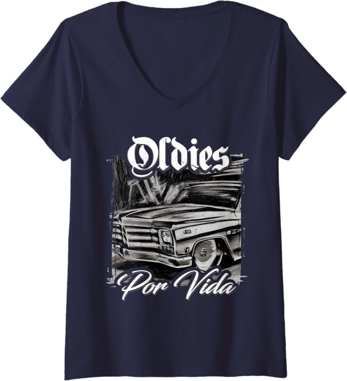 Women's Oldies Por Vida Vintage Car Lowrider Mexican Chicano V-Neck Women T-Shirt