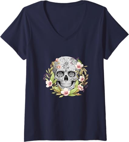 Women’s Calaveras Mexican Día De Los Muertos V-Neck T-Shirt