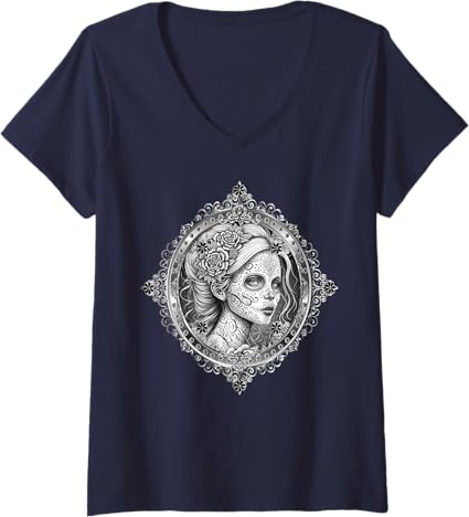 Women's Mexican Dia De Los Muertos Calaveras Catrina V-Neck T-Shirt - Stylish Day of the Dead Shirt