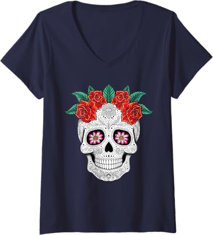 Women's Day of the Dead Skull with Flowers Mexican Holiday V-Neck T-Shirt